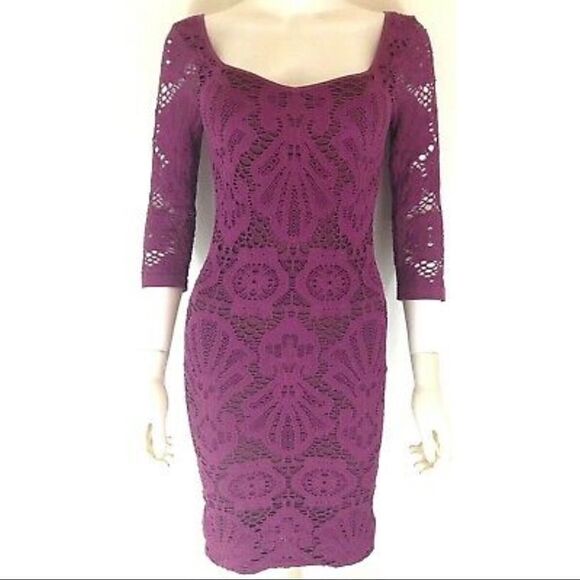 ✨HP✨FP Magenta Crochet Lace Seamless Medallion Bodycon 3/4 Slip Cocktail Dress✨ - Picture 6 of 9